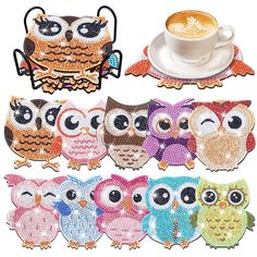 owl coasters with coffee cup and saucer in front of them on a white background