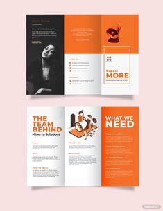 an orange and black tri fold brochure with the words, what we need