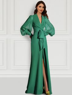 Mermaid / Trumpet Evening Gown Elegant Dress Formal Wedding Guest Sweep / Brush Train Long Sleeve V Neck Fall Wedding Guest Chiffon with Slit Strappy Split Dress Formal, Red Green Dress, High Split Dress, Gown Elegant, Formal Wedding Guests, Fall Wedding Guest, Dresses Formal Elegant, Evening Gowns Elegant, Split Dress