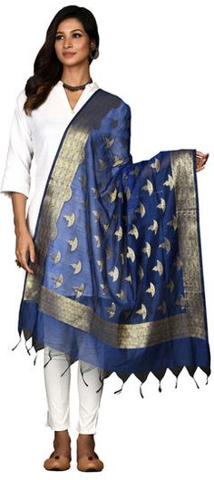 Blue color Dupatta in Chanderi Silk fabric with Weaving, Zari work Holi Special, Stole Scarf, Zari Work, Eid Gifts, Neck Wrap, Embroidered Silk, Scarf Styles, Cotton Silk, Silk Fabric