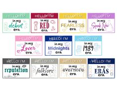 some different colored labels that say hello and i'm in my bedtime era