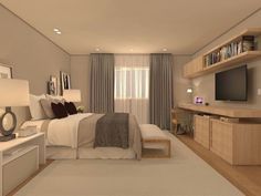 a bedroom with a bed, desk and television in it's centerpieces