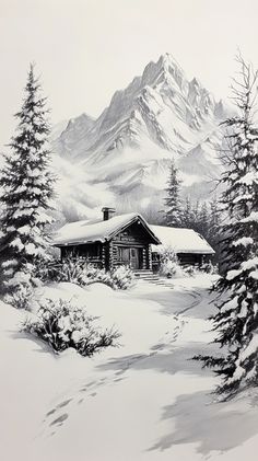 a black and white drawing of a cabin in the mountains with snow on the ground