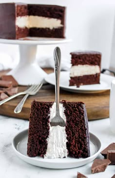 a slice of chocolate cake on a plate with a fork