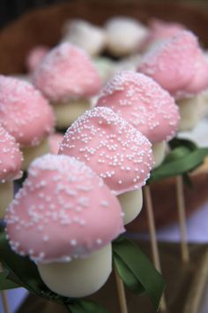 pink and white desserts are arranged on sticks