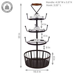 a three tiered shelf with measurements for the top and bottom