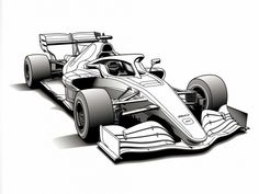 a black and white drawing of a racing car