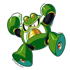 the green frog is flying through the air with his arms and legs spread out,