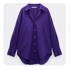 Never Worn Oversized Purple Shirt For Spring, Oversized Purple Workwear Tops, Oversized Purple Tops For Work, Purple Cotton Office Shirt, Classic Purple Shirt For Fall, Elegant Purple Cotton Blouse, Casual Purple Office Shirt, Casual Purple Shirt For Office, Purple Cotton Workwear Blouse