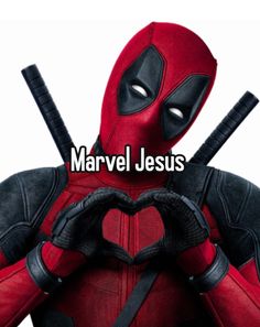 a man in a deadpool costume holding two swords and the words, marvelous jesus