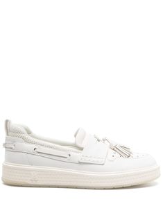 white calf leather panelled design pull-tab at the heel logo lettering tassel detail appliqué logo perforated toebox round toe flat rubber sole embossed monogram pattern slip-on style White Slip-on Loafers With Perforated Toe Box, White Leather Casual Tassel Loafers, Casual White Leather Tassel Loafers, White Loafers With Perforated Toe Box, Mens White Loafers, White Loafers, Monogram Pattern, Loafer Sneakers, Tassel Loafers