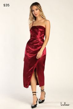 You'll be looking red carpet-ready wherever you go when you've got the Lulus Glamorous Entrance Wine Red Satin One Shoulder Midi Dress! Sleek woven satin shapes this undeniably elegant dress that has a darted bodice (with hidden no-slip strips) topped by a straight neckline and supported by a single adjustable spaghetti strap. Gathered and ruched details continue from the bodice, through the fitted waist, and into a figure-skimming skirt with an overlapping silhouette and a midi hem. Hidden zipp Midi Dress Satin, Stripped Tops, One Shoulder Midi Dress, Red Carpet Ready, Straight Neckline, Dress Satin, Satin Midi Dress, Red Satin, Elegant Dress