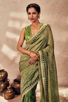 Green half and half crushed and foil print saree embellished with jhalar and kinari embroidered border. Comes with an unstitched piece. - Aza Fashions Print Saree, Embroidered Border, Green Saree, Half And Half, Printed Saree, Printed Sarees, Foil Print, Raw Silk, Blouse Piece