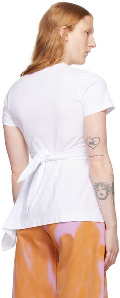 Cotton jersey T-shirt. Draping throughout. · Rib knit crewneck · Self-tie panels at front · Asymmetric hem Supplier color: White Cotton V-neck Top With Tie Waist, White Drapes, Knit Crewneck, White Shop, Accessories For Women, Asymmetric Hem, Jersey T Shirt, Rib Knit, North America