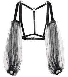 the back of a bra with sheer netting on it and straps, attached to an adjustable belt