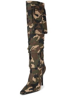 a pair of camouflage boots with buckles on the side and heel, all in different colors