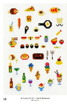 the cross stitch pattern shows different types of food and drinks