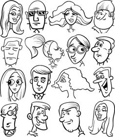 cartoon faces drawn in black and white