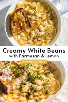 Two white bowls filled with beans, lemon slices, fresh thyme and grilled bread. Garlic White Beans, Creamy Lemon And Herb Beans, Stewed White Beans, Creamy White Beans With Herb Oil, White Bean Skillet Recipes, Zucchini And White Beans, White Bean Bowl, Brothy White Beans, Garlic Beans Recipe