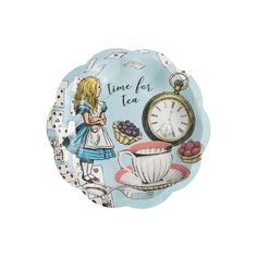 a clock with alice and the wonderland teacup on it's side, sitting in front of a white background