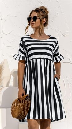 Floral Print Dress Summer, Fashion Goals, Ruffle Sleeve Dress, Striped Mini Dress, Beach Wear Dresses, Ruffle Shorts, Daily Dress, Loose Dress, Pocket Dress