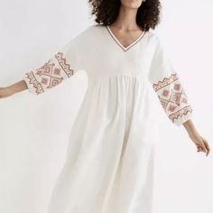 Madewell White Medium Weight Bohemian,Peasant, Hippie Vibe Embroidered Red Design, Balloon Sleeves,No Stretch Midi Summer Vacation Beach Dress..Size Medium Somewhat Oversized ...Unlined..Nwt Ptp 22' Inch Length 45' Inch White Peasant Embroidered Long Sleeve Dress, White Long Sleeve Peasant Embroidered Dress, White Peasant V-neck Dress, Folk Style V-neck Dress For Vacation, White Long Sleeve Dress For Holiday, Folk Style Long Sleeve Vacation Dress, Peasant V-neck Embroidered Dress, Peasant Style V-neck Embroidered Dress, White Embroidered Holiday Dress