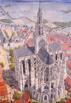 an artist's rendering of a cathedral in the middle of a city with lots of buildings