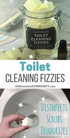 two pictures with the words toilet cleaning fizzies on them and in front of it