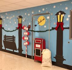 a hallway decorated with christmas decorations and lights for the holiday season, including santa's sleigh