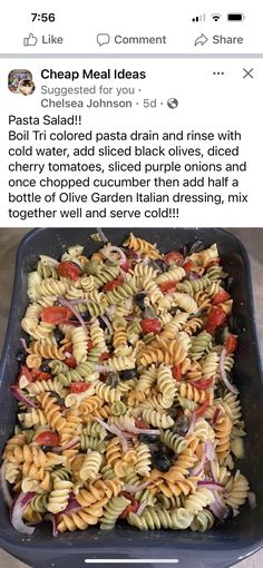 a pan filled with pasta and vegetables sitting on top of a counter next to an instagram page