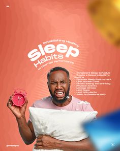 a man holding a red alarm clock in front of a pink poster with the words sleep habitats on it