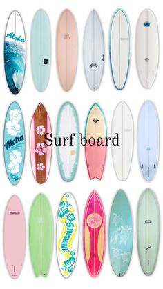 a bunch of surfboards that are all different colors and sizes, with the words surfboard above them