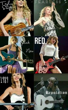 four different pictures of taylor swift, taylor's red tour and taylors reputation