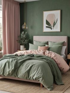 a bedroom with green walls and pink bedding