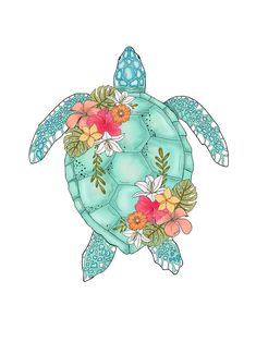 a drawing of a turtle with flowers on its back