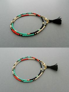 two bracelets with beads and tassels on them