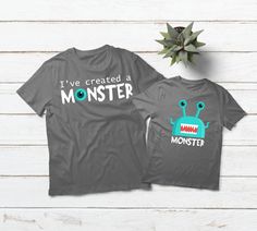 I Created a Monster Father Son Matching Shirts Unisex T-shirt 100% combed and ring-spun cotton 4.3-ounce and 30 singles Rib-Knit Crew Neck Double-needle sleeves and hemBaby Bodysuit 4.5 oz 100% combed ringspun cotton Double-needle stitched rib binding on neck, sleeves, leg opening and shoulders Flatlock Seams EasyTear™ label Reinforced three-snap closure on binding Kid T-shirt A youth shirt with durability and comfort that is hard to beat Preshrunk 100% combed and ring-spun cotton Care Instructi Dad And Son Shirts, Father Son Matching Shirts, Dad Son, Fathers Day Shirts, Baby Size, Cotton Baby, Father And Son, Matching Shirts, Baby Tshirts