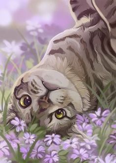 a painting of a cat laying on its back in the grass with purple flowers around it