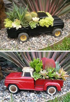 an old red truck with succulents in the bed and plants in the back