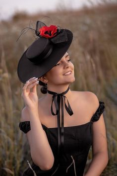 Elegant Black Veil Poppy Women Wide Brim Boater Hat, Kentucky Derby Fascinator Canotier Hat READY TO SHIP This  boater fascinator hat is created  by my hands using modern technologies of millinery art. Made from high quality satin fabric. Attached to the hat by metal clips. Decorated by silk poppy, veil, feathers, grosgrain ribbon that can be tied around the neck. The base of hat is 13.5cm (5,11inch) The high of base is 5cm (1.97inch) Hat brim 10cm (3.78) If you want to change resize the hat, pl Fitted Boater Hat With Short Brim For Evening, Fitted Top Hat With Flat Brim For Evening, Fitted Black Boater Hat For Races, Flat Brim Boater Hat For Royal Ascot Evening, Evening Brimmed Hat Bands For Kentucky Derby, Brimmed Hat Bands For Kentucky Derby Evening, Elegant Black Hat Bands For Kentucky Derby, Flat Brim Mini Hat For Kentucky Derby Evening, Fitted Mini Hats With Flat Brim For Races