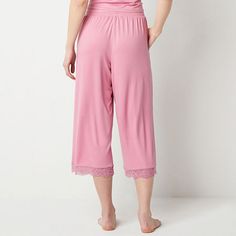 This pair of Ambrielle women�s pajama capri pants are made from soft stretch-jersey with a comfy elastic-waist, a lace trim, and side slip pockets. Team them with a pajama top from the brands collection.Features: Lace Trim, Stretch FabricClosure Type: Drawstring, Full ElasticPockets: 2 Side Slip PocketsApparel Length: 33 InchesFiber Content: 95% Polyester, 5% SpandexFabric Description: JerseyInseam: 21 InCare: Tumble Dry, Machine WashCountry of Origin: Imported Loungewear Capris With Elastic Waistband, Comfortable Loungewear Capri Pants, Comfortable Loungewear Capri Bottoms, Comfortable Stretch Capris For Loungewear, Stretch Solid Color Capris For Loungewear, Solid Color Stretch Capris For Loungewear, Casual Pink Lace Trim Sleepwear, Pink High-waisted Pajama Shorts For Spring, High-waisted Pink Pajama Shorts For Spring