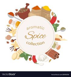 an assortment of spices and herbs in a circle frame with the text aroma spice collection