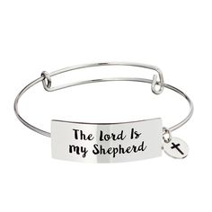 Details: Inscription reads 'The Lord Is My Shepherd' Made of high grade stainless steel Rhodium plated to last a lifetime Engraved cross charm on an adjustable bracelet Size: One size fits all Adjustable up to about 9" Diameter is 6.5 cm Cheap Adjustable Inspirational Bracelets, Cheap Adjustable Bracelets As Gift, Cheap Casual Bracelets, Cheap Adjustable Women's Jewelry, Cheap Stainless Steel Bracelets As Gifts, Cheap Stainless Steel Charm Bracelets, Inspirational Cheap Bracelet Jewelry, Cheap Inspirational Bracelet Jewelry, Cheap Bangle Jewelry As A Gift