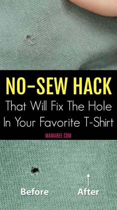 a person wearing a green shirt with the words no - sew hack that will fix the hole in your favorite t - shirt