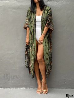 Bjux - Premium Plus Size Boho Kimono for Women: Tie Dye Stripe Print Batwing Sleeve Open Front Cover Up with Belt Fitted Green Kimono For Summer, Fitted Casual Summer Kimono, Fitted Casual Kimono For Summer, Green Free Size Summer Kimono, Casual Green Kimono For Beach, Beach Fitted Printed Kimono, Fitted Printed Kimono For The Beach, Kimono Boho, Plus Size Boho