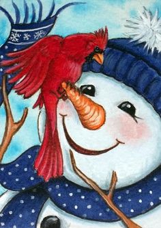 a painting of a snowman with a cardinal on his head