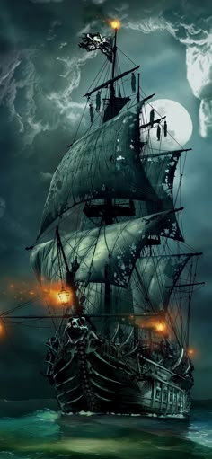 an old pirate ship in the ocean with lightning coming from it's sails and lights on