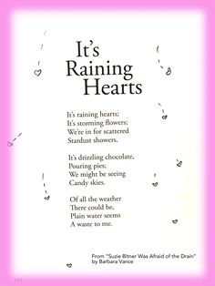 it's raining hearts poem written in black and white on a pink square frame