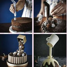 four different pictures show the process of decorating a cake with icing and chocolate decorations