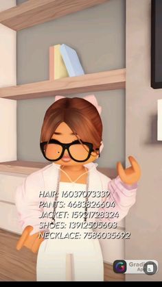 an animated girl with glasses and headphones in front of bookshelves holding her hands out